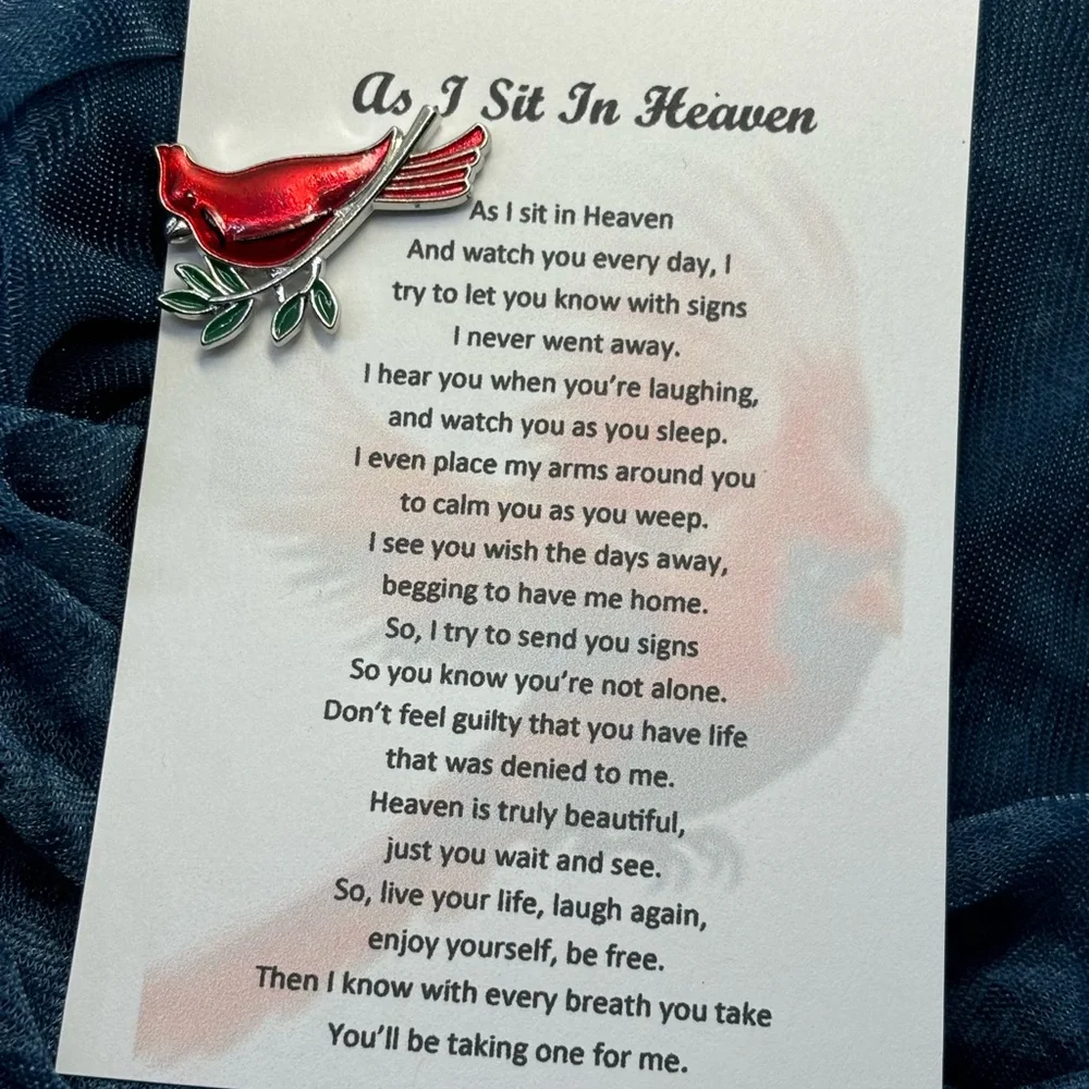 As I Sit in Heaven poem card red cardinal bird pin brooch - Picture 2 of 6